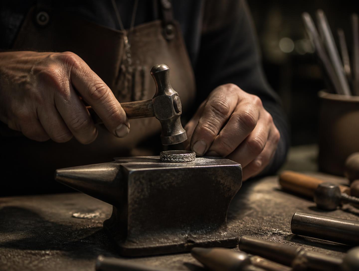 Macro di mani che lavorano un gioiello metallico con martello e incudine