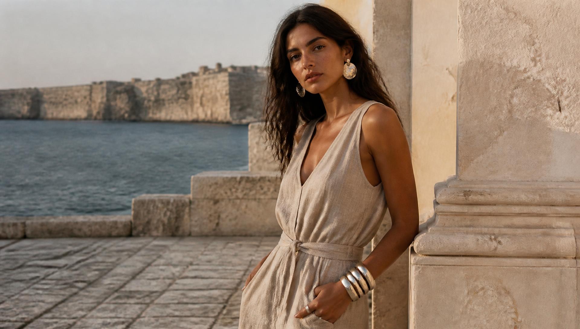 Donna mediterranea contemporanea con gioielli Cartagine tra architetture di pietra e mare
