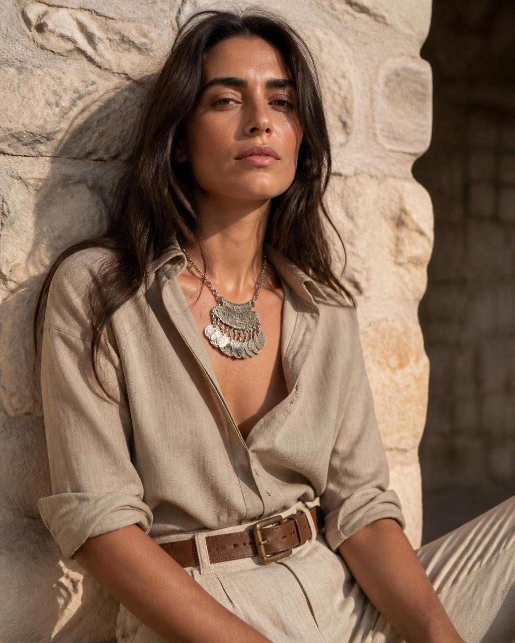 Ritratto editoriale della donna Cartagine con collana in argento